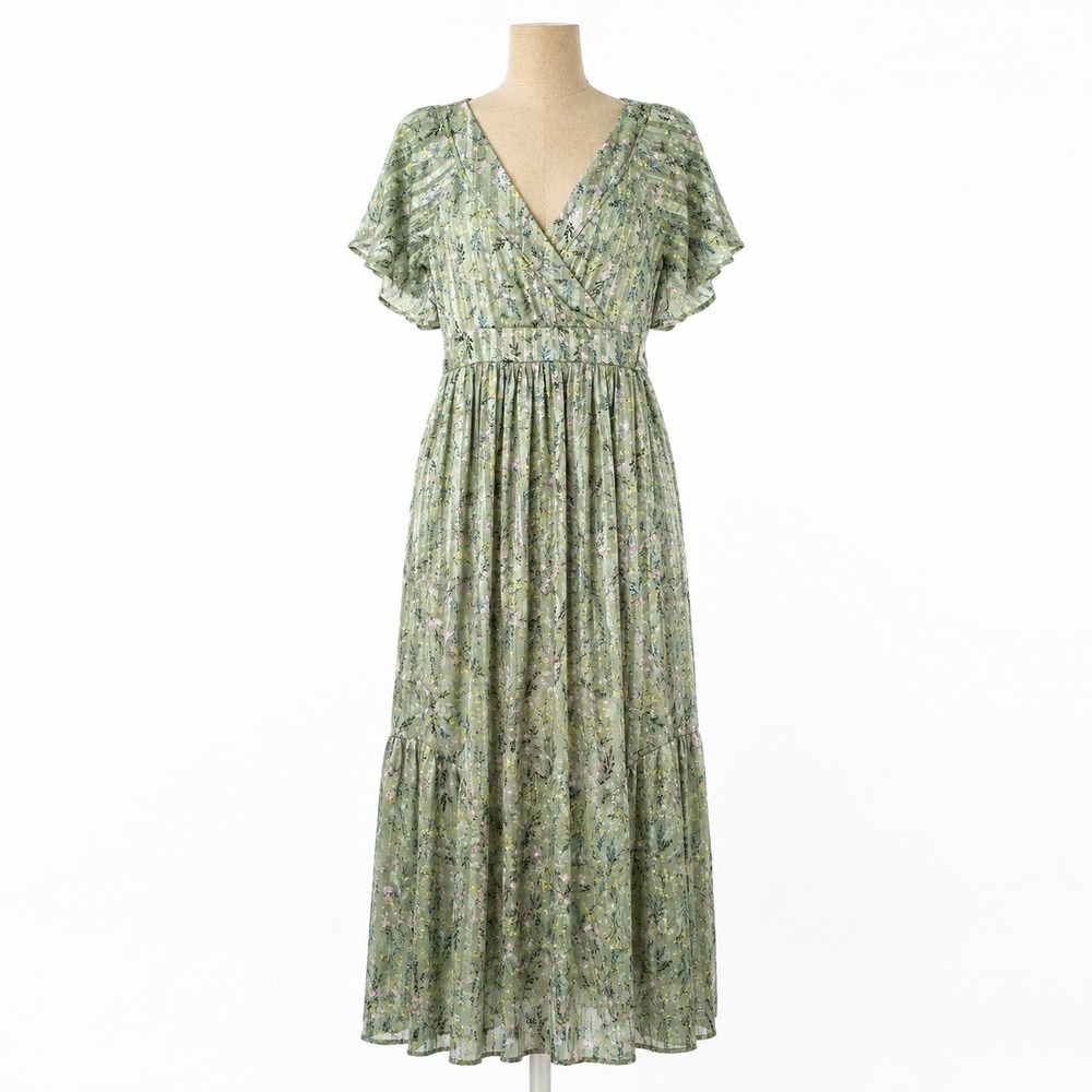 Floral Fairy Flutter Sleeve Maxi Peasant Dress Sz S Green Ethereal Romantic Boho